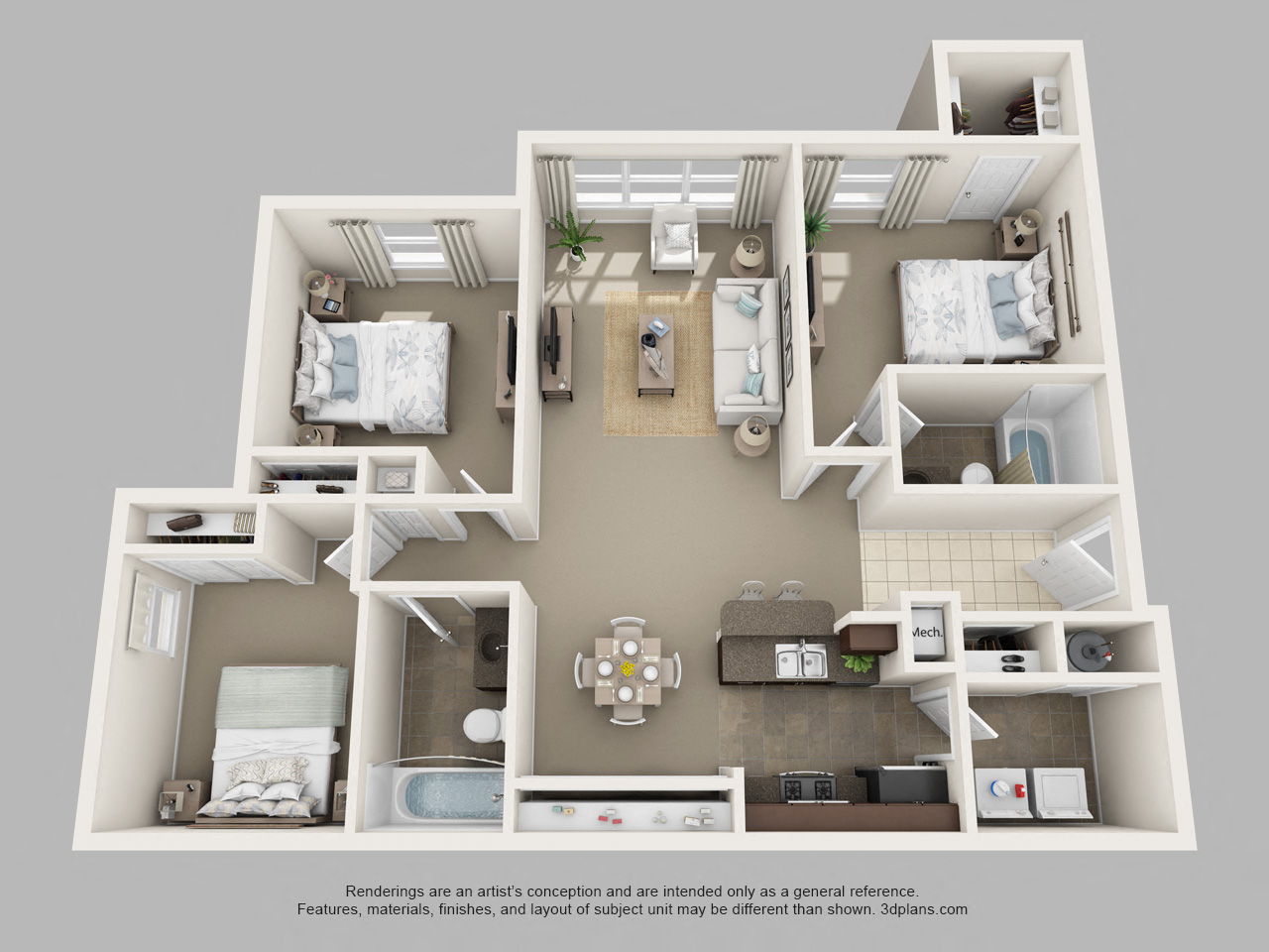 Floor plan for 3 beds, 2 baths, 1209 sqft